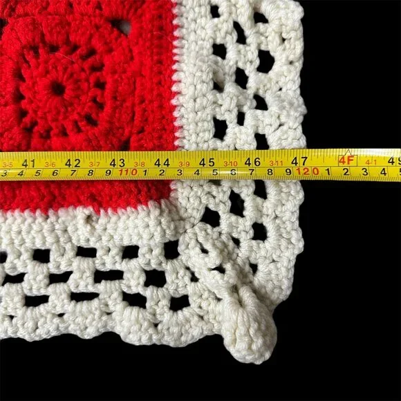 Handmade Crochet Afghan Throw Blanket Rainbow Squares Vintage White Ruffled Edge - Picture 6 of 6